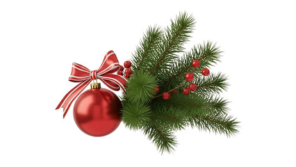 Transparent background red christmas ornament ball with pine branch and berry isolated on white