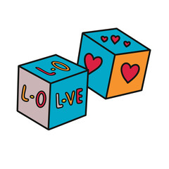 Isolated Love Dice Doodle Icon Two Colorful Cubes with Hearts and Text Design
