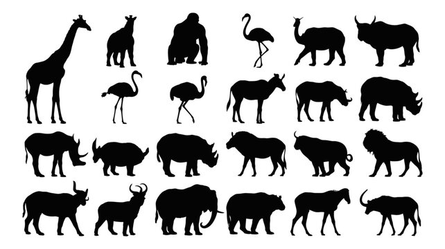 Majestic African wildlife silhouettes roam freely in this timeless collection, perfect for educational resources, branding, and conservation campaigns
