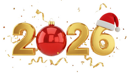 Transparent background golden 2026 year number with christmas ornament and santa hat isolated on transparent background