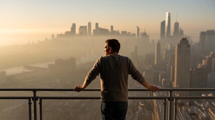 Plakat Man standing on a high balcony overlooking a hazy city skyline at sunrise or sunset, enjoying the view and feeling contemplative