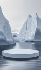 White circular platform on water surrounded by icebergs in arctic environment with minimalist aesthetic and clean composition focusing on simplicity.