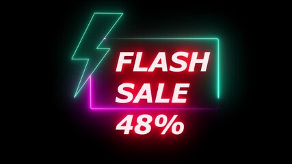"Glowing Neon Flash Sale Promo Animation with Electric Lightning Bolt, Shiny 48 Percent Discount Offer, Futuristic Neon Lights Shopping Banner and Special Promotion Ad Video