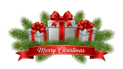 Transparent background three silver christmas gift box with red ribbon and fir branch isolated on transparent background