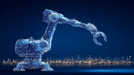 Robot is shown in a city with a blue sky background. The robot is made of wires and has a metallic appearance