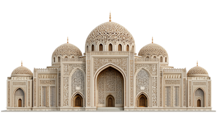 Grand mosque facade with exquisite ornate carvings and multiple domes, isolated architecture landmark on white.
