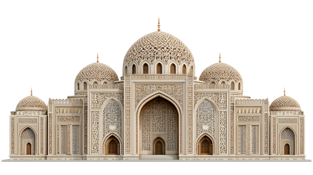 Grand mosque facade with exquisite ornate carvings and multiple domes, isolated architecture landmark on white. - Powered by Adobe