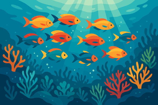 Colorful Coral Fish. Colorful school of fish swimming in vibrant coral reef waters, illuminated by soft sunlight, serene and
