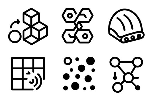 Programmable Matter Icons. Line style icons of Programmable Matter: modular swarm unit, interlocking nano device, soft robotics