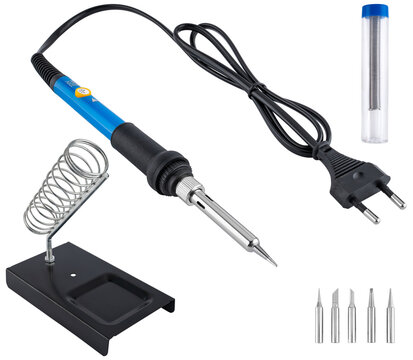 Temperature-controlled soldering iron with solder and soldering iron stand, on a white background in insulation
