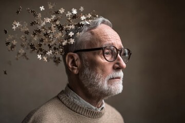 Elderly senior old man suffering from dementia with puzzles on head