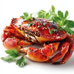 Delicious Cooked Crab with Herbs on White Background, Seafood Gourmet