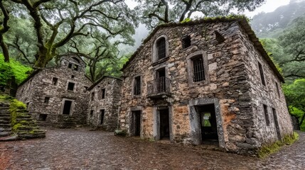 Stone building with a courtyard in front of it. The courtyard is wet and the building is old