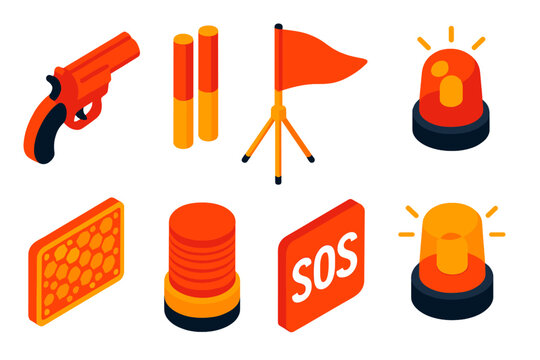 Emergency Signal Icons. Isometric vector illustration set Disaster preparedness – flare gun, signal flares, tripod signal pole;