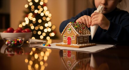 Festive family fun decorating a gingerbread house with icing and candy this holiday season creating sweet memories together at Christmas