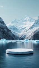 White circular platform stands on water surrounded by snow capped mountains and icebergs in arctic environment with blue tones of light sky blue and dark gray.