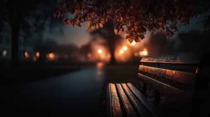 Bench is shown in a park at night with a tree in the background. The bench is empty and the trees are bare