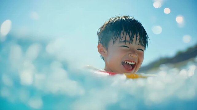 屋外プールで浮き輪を楽しむ日本人男児