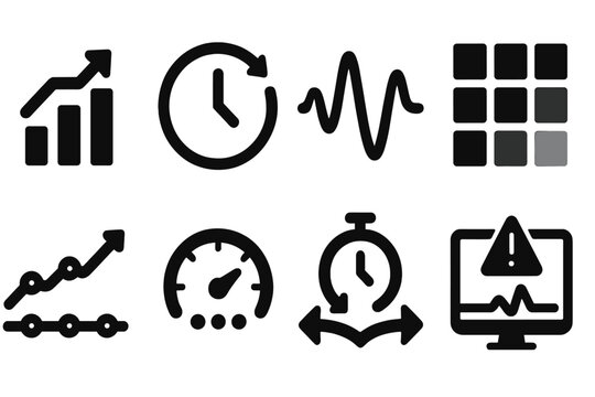 Network Latency Icons. Solid style icons of network latency analysis: packet delay chart, round-trip time icon, jitter wave.