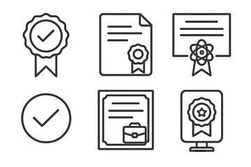 CBE Certification Icons. Line style icons of CBE certification and recognition: accredited badge, official transcript file,
