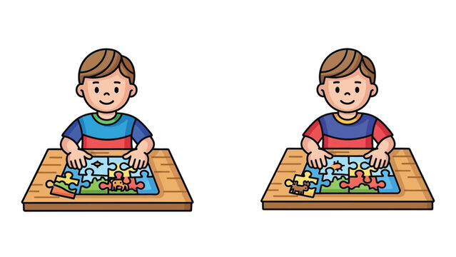 Two cartoon boys sitting at desk assembling jigsaw puzzle pieces table in comparison or matching game illustration