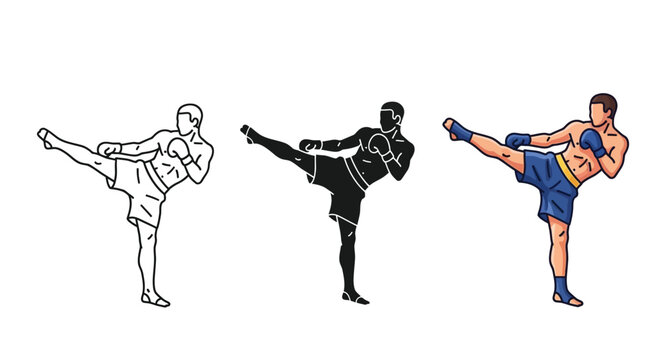 Set of three illustrations depicting a male martial artist performing a side kick or teep kick in muay thai or kickboxing style