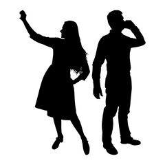 Silhouette of man and woman with mobile phone. Vector illustration.