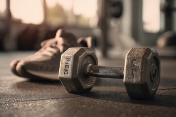 Close-Up of Dumbbell and Sneakers on Gym Floor in Warm Cinematic Light