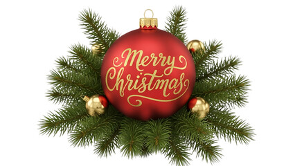 Transparent background red christmas bauble with merry christmas text isolated on transparent background