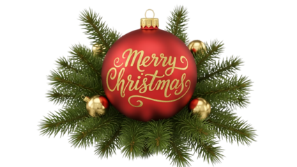 Transparent background red christmas bauble with merry christmas text isolated on transparent background