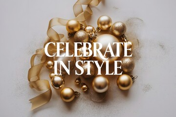 Elegant gold ornaments and shimmering ribbon create festive holiday cheer, perfect for upscale seasonal greetings, New Year's celebrations, and stylish winter promotions