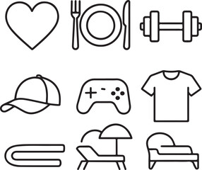 Fototapeta premium Collection of simple line art icons representing lifestyle and leisure activities