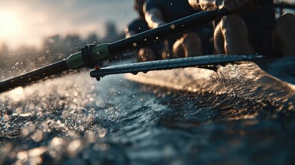 Close-Up of Athletes Rowing with Dynamic Oars Cutting Through Water