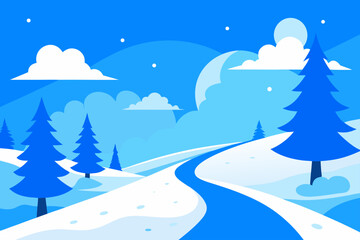 Stylized winter landscape with snow covered path and evergreen trees