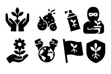Ecological Resistance Icons. Solid style icons of ecological resistance: rewilding hands, seed bombs, green graffiti. Guerrilla
