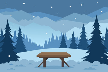 Winter landscape with picnic table and snowfall in a mountain forest