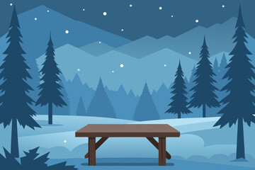 Winter landscape with picnic table and snow covered mountains