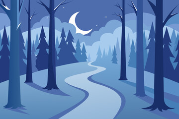 Stylized blue night forest landscape with moon and winding path