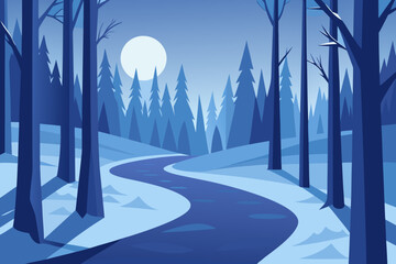 Blue winter landscape with river and trees at night