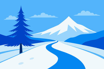 Winter landscape with snowy mountain river and pine tree illustration