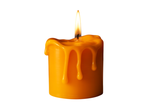 A vibrant orange pillar candle with melted wax dripping down its sides and a bright flame burning at the top isolated on transparent background