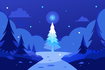 Stylized winter landscape with pine trees and snowy path at night