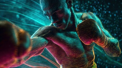 Boxer Training in Neon-Lit Cyberpunk Digital Space