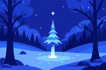 Blue winter night scene with star trees and fire