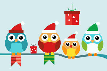 Cute christmas owls wearing santa hats sitting on a branch with gifts