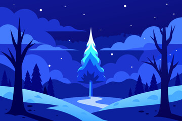 Stylized winter landscape with snow covered trees and night sky