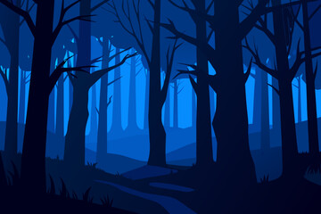 Blue forest illustration with path and trees in silhouette