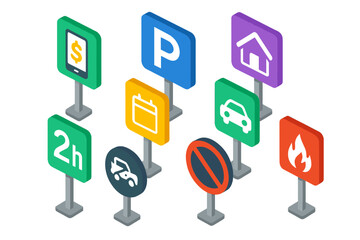 Obraz premium Colorful Street Signs. Isometric vector illustration set Street signs – pay by phone sign, parking meter sign, permit zone sign; 2