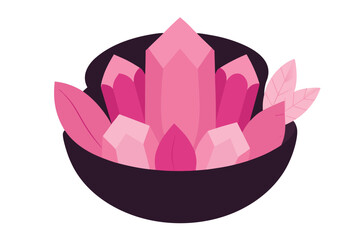 Pink crystals in a dark bowl with leaves illustration