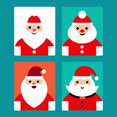 Four square santa claus illustrations on a teal background
